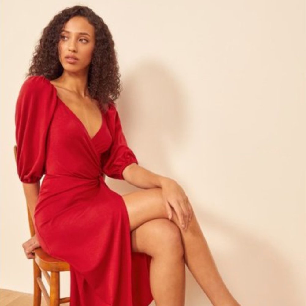 Reformation "Calabra Wrap Dress" in Cherry, Size Small